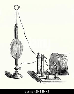 Une ancienne gravure d'une machine pour observer la décharge électrique dans l'air raréfié à l'époque victorienne.Il est tiré d'un livre de 1890s sur les découvertes et inventions au cours de l'année 1800s.Ici, la décharge d'une bobine (droite) dans le vaisseau (droite) pourrait produire des halos luminescents (principalement rouge ou bleu) et des éclairs de lumière des bornes.Les phénomènes liés à la décharge d'électricité dans les gaz raréfiés ont été observés après l'invention, au milieu du 17th siècle, de la pompe à air et de la machine électrique statique.Les affichages colorés étaient généralement attribués à des changements chimiques dans le gaz. Banque D'Images