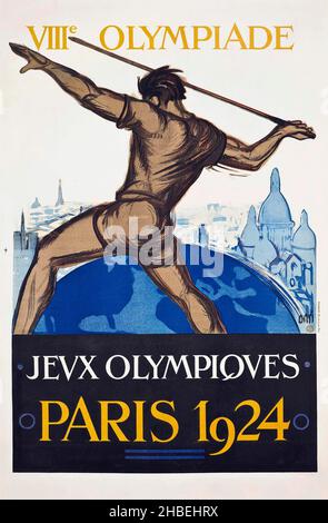 Affiche des Jeux Olympiques d'été - VIIIe Olympiade JEVX OLYMPQVES - affiche des Jeux Olympiques de Paris 1924. Homme jetant une lance. Banque D'Images