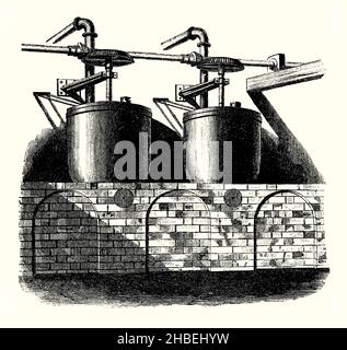 Une ancienne gravure montrant les pots de fer nécessaires à la fabrication du nitrobenzène (nitrobenzol ou nitro-benzol) à partir de benzène au milieu de 1800s.Il est tiré d'un livre victorien du 1890s sur les découvertes et les inventions pendant le 1800s.Le benzène est un constituant du pétrole brut et est un liquide incolore, hautement inflammable et doux.Les pots de fer épais devaient éviter les explosions causées par la chaleur produite dans le processus.Les pots ont été continuellement remués par les mécanismes de cog ci-dessus.Le nitrobenzène a été préparé pour la première fois en 1834 par le chimiste allemand Eilhardt Mitscherlich et est utilisé pour masquer les odeurs désagréables. Banque D'Images