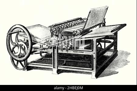 Une ancienne gravure montrant une imprimante de chemin de fer Hoe and Co c.1870. Il est tiré d'un livre victorien du 1890s sur les découvertes et les inventions pendant le 1800s.Principalement utilisée pour imprimer des journaux, cette machine à manivelle a son lit se déplace vers l'arrière et vers l'avant via des roues qui tournent sur des rails en dessous (d'où l'utilisation du mot «chemin de fer»).R Hoe & Company était un fabricant de presses à imprimer basé à New York, établi par Peter Smith, Matthew Smith et leur beau-frère, l'émigrant anglais Robert Hoe (1784-1833), en 1805 sous le nom de Smith, Hoe & Company. Banque D'Images