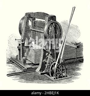 Une ancienne gravure d'une scie verticale en 1800s.Il est tiré d'un livre victorien du 1890s sur les découvertes et les inventions pendant le 1800s.Ici, les lames de scie sont alimentées par la vapeur via un système de courroie.Les scies verticales utilisent une fine lame métallique avec des dents orientées vers le bas pour couper le matériau.Le bois est acheminé à travers la machine fermement fixée à un chariot mobile.L'utilisation principale de l'appareil vertical à plusieurs lames est de couper le bois en planches. Banque D'Images