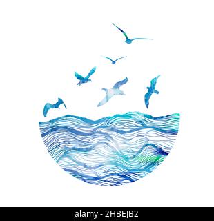 Conception abstraite du logo de l'océan avec vagues et mouettes.Illustration vectorielle Illustration de Vecteur
