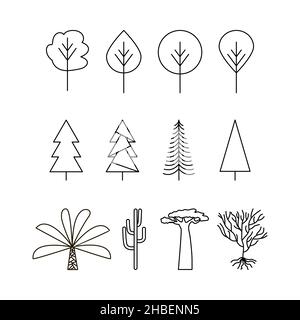 Arbres vectoriels noirs et blancs de style plat Illustration de Vecteur