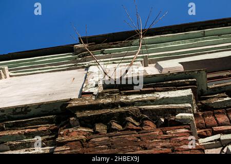 Vue en ruines d'une ancienne maison dans la ville de Dnepropetrovsk, Ukraine.Une vue de la plante qui pousse hors du mur. Banque D'Images