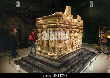 Sarcophage antique exposé au Musée d'archéologie d'Antakya Banque D'Images