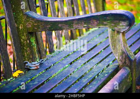 Banc avec Lock and Leaf on Pathway, Hyde Park, Londres, Angleterre, United Kiingdom Banque D'Images
