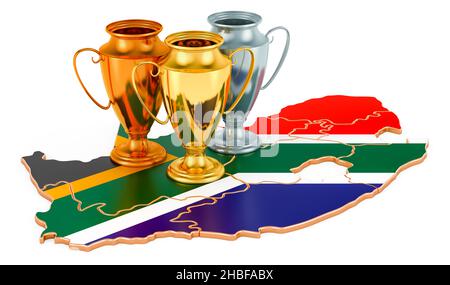 Coupes de trophées sur la carte sud-africaine.Tournois sportifs en Afrique du Sud, concept.3D rendu isolé sur fond blanc Banque D'Images