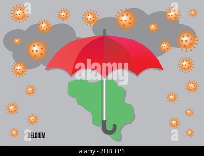 Pluie de coronavirus au-dessus de la Belgique.Le parapluie tente de se protéger contre les crises et les souffrances.Illustration vectorielle. Illustration de Vecteur