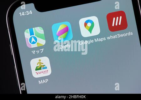 Tokyo, Japon.9th décembre 2021.Les logos des applications de cartes mobiles 'Apple Maps', Zluly, 'Google MAP', what3words et 'Yahoo!LES CARTES sont affichées sur un écran à Tokyo, Japon, le 9 décembre 2021.Credit: Shingo Tosha/AFLO/Alay Live News Banque D'Images