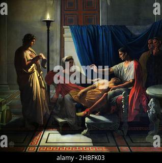 Virgile lisant l'Aeneid à l'empereur romain Auguste, sa femme Livia et sa sœur Octavia.Le poète mentionne le fils mort d'Olivia, Maercellus, ce qui a poussé Auguste à arrêter le récital, car Olivia s'est évanoui du choc.Peinture de Jean Auguste Dominique Ingres Banque D'Images