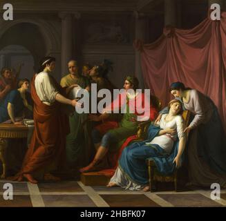 Virgile lisant l'Aeneid à l'empereur romain Auguste, sa femme Livia et sa sœur Octavia.Le poète mentionne le fils mort d'Olivia, Maercellus, ce qui a poussé Auguste à arrêter le récital, car Olivia s'est évanoui du choc.Peinture de Jean Joseph Tallaison Banque D'Images