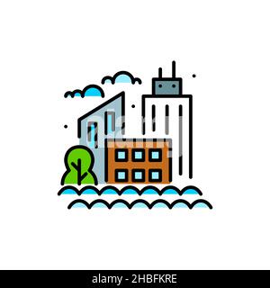 Ville inondée.Gratte-ciels et arbres noyés dans l'eau.Pixel Perfect, icône colorée de contour modifiable Illustration de Vecteur