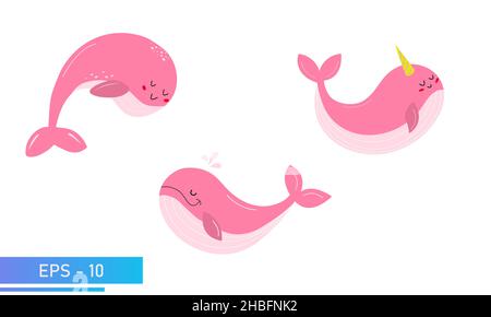 Ensemble de jolies baleines roses aux couleurs roses délicates et aux éclaboussures d'eau.Fier et doux.Illustration vectorielle. Illustration de Vecteur