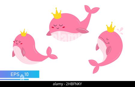 Ensemble de jolie baleine rose dans des couleurs roses délicates et une couronne dorée sur sa tête.Fier et doux.Illustration vectorielle. Illustration de Vecteur
