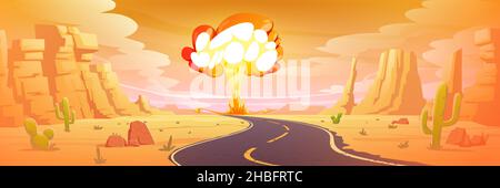 Explosion d'une bombe nucléaire dans le désert, nuage de champignons nuke qui s'élève au ciel au-dessus du paysage du canyon de l'Arizona avec autoroute, cactus et rochers.Atom war, scène de jeu apocalyptique, illustration vectorielle de dessin animé Illustration de Vecteur
