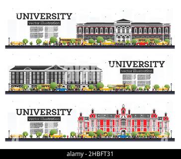 Ensemble campus universitaire. Bannières d'étude isolées sur blanc. Illustration vectorielle. Les étudiants vont au bâtiment principal de l'université. Horizon avec arbre vert. Illustration de Vecteur