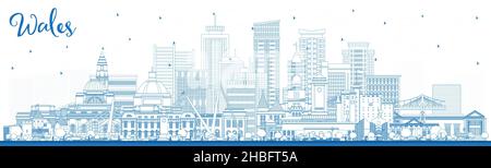 Outline Wales City Skyline avec Blue Buildings.Illustration vectorielle.Concept avec architecture historique.Pays de Galles avec paysages urbains.Cardiff. Illustration de Vecteur