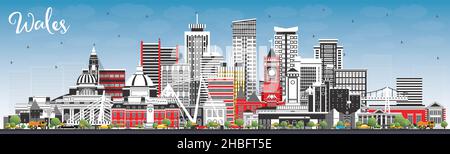 Wales City Skyline avec bâtiments gris et ciel bleu.Illustration vectorielle.Concept avec architecture historique.Pays de Galles avec paysages urbains.Cardiff. Illustration de Vecteur