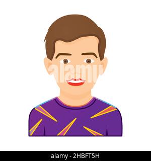 Portrait de Funny Boy en T-shirt violet isolé sur fond blanc.Illustration vectorielle.Personnage de dessin animé. Illustration de Vecteur