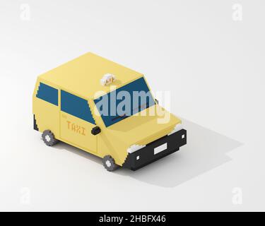 Taxi jaune, un art numérique de voiture de transport public à Taipei, Taiwan isométrique voxel raster 3D illustration rendu sur fond blanc. Banque D'Images