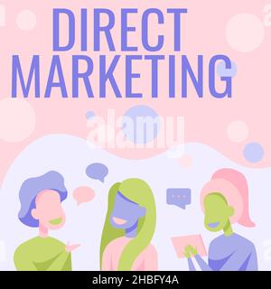 Texte d'écriture Marketing direct.Concept désigne les affaires de vente de produits ou de services au public heureux amis parlant entre eux ayant le plaisir Banque D'Images