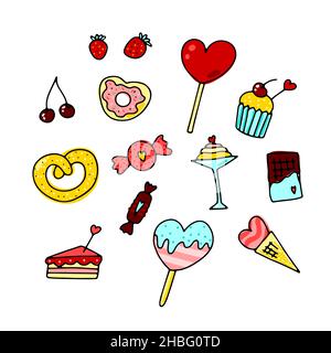 Ensemble de friandises pour la Saint-Valentin Doodle.Desserts dessinés à la main avec des coeurs mignons.Bonbons de fête de couleur, gâteau, boissons, baies, crème glacée,beignet, chocolat.Lolli Illustration de Vecteur