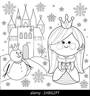 Princesse dans la neige avec un château et un bonhomme de neige.Page de couleur noir et blanc. Banque D'Images