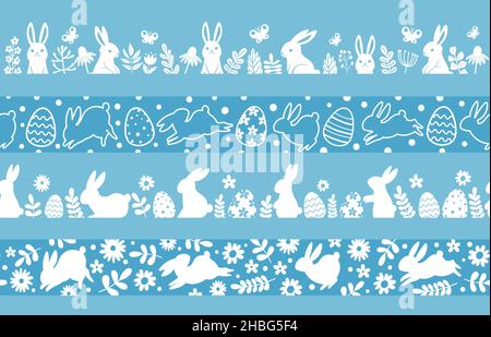 La silhouette de Pâques est bordée de lapin, d'œufs et de fleurs.Décoration printanière pour la décoration traditionnelle de pâques.Ensemble de motifs vectoriels de lapin Illustration de Vecteur