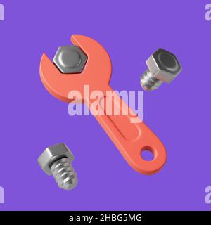 Une simple clé jaune serre l'écrou et, avec les écrous autour de 3D, rend l'illustration.Objet isolé sur fond violet. Banque D'Images