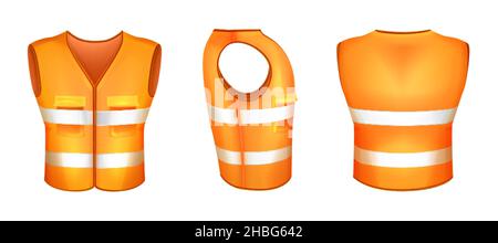 Gilet de sécurité orange réaliste avec bande réfléchissante.Uniforme de protection avec bandes fluorescentes ou vêtements haute visibilité pour les travailleurs.Gilet haute visibilité.Vêtements de travail de protection individuelle fluorescents. Illustration de Vecteur