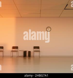 Chambre vide ou bureau avec chaises.Salle d'attente.Arrière-plan surréaliste avec espace de copie.illustration 3d, rendu 3d. Banque D'Images