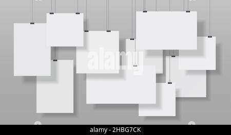 Galerie avec affiches verticales suspendues et modèle d'affichage de photos.A4 pages de papier sur des clips.Présentation d'images, scène vectorielle d'exposition Illustration de Vecteur