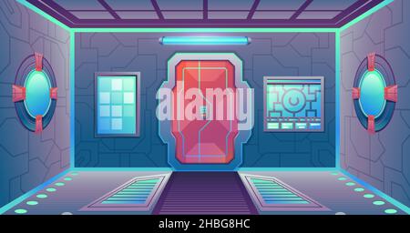 Couloir futuriste avec porte, panneaux et hublots.Espace jeu de science-fiction arrière-plan intérieur.Scène de vecteur de station COSMOS Illustration de Vecteur