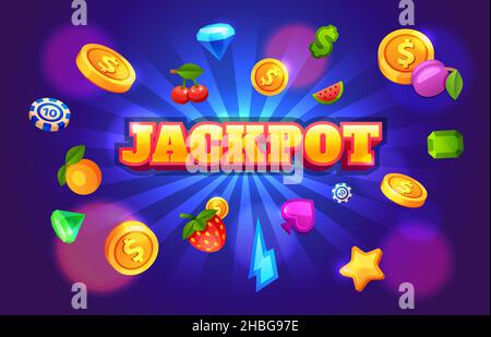 Jeu machine à sous gagner arrière-plan avec des symboles de casino.écran de jackpot de 777 jeux avec pièces volantes.Concept de vecteur de prix d'argent de dessin animé Illustration de Vecteur