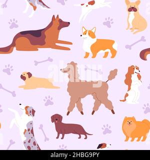 Motif sans couture avec de jolis chiens et chiots de style scandinave.Impression avec des feuilles de caniche, de pug, de corgi et de texture vectorielle de berger allemand Illustration de Vecteur