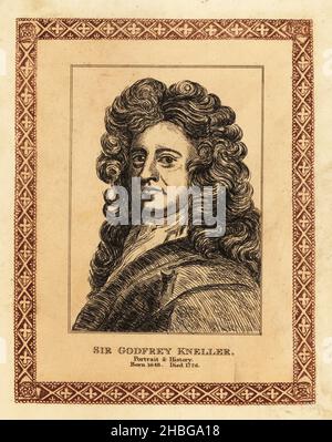 Autoportrait de Sir Godfrey Kneller, 1st Baronet, 1646-1723, peintre de portrait en Angleterre à la fin de 17th et au début de 18th siècles,Peintre de la cour aux monarques britanniques du roi Charles II au roi George I. gravure teintée dans une bordure décorative par John Girtin après un autoportrait par Kneller des soixante-dix-cinq portraits de peintres célèbres d’originaux authentiques de John Girtin, J. m’Creery, Londres, 1817. Banque D'Images