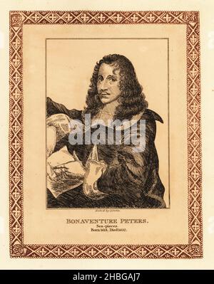 Bonaventura Peeters The Elder, 1614-1652, peintre flamand, dessinateur et graveur.Artiste marin de premier plan dans les pays bas au 17th siècle avec ses représentations de batailles marines, de tempêtes en mer, de naufrages et de vues de navires dans les rivières et les ports.Bonaventure Peters gravure teintée dans une bordure décorative par John Girtin après un autoportrait par Peeters des soixante-dix-cinq portraits de John Girtin de peintres célèbres d’originaux authentiques, J. m’Creery, Londres, 1817. Banque D'Images