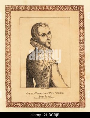 Otto van Veen, 1556-1629, peintre, dessinateur et humaniste néerlandais, actif principalement à Anvers et Bruxelles à la fin de 16th et au début de 17th siècles.Jeune homme en double avec des ruff.Otho Venius ou van Veen, peintre d'histoire et portraitiste.Gravure teintée à l’intérieur d’une bordure décorative par John Girtin des soixante-dix-cinq Portraits de John Girtin de célèbres peintres d’originaux authentiques, J. m’Creery, Londres, 1817. Banque D'Images