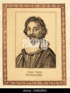 Simon Vouet, 1590-1649, peintre français qui a étudié en Italie avant de devenir Premier peintre du Roi au roi Louis XIII en France.Simon Vouet, peintre d'histoire et portraitiste.Gravure teintée à l’intérieur d’une bordure décorative par John Girtin après un autoportrait par Vouet des soixante-dix-cinq Portraits de John Girtin de célèbres peintres d’originaux authentiques, J. m’Creery, Londres, 1817. Banque D'Images