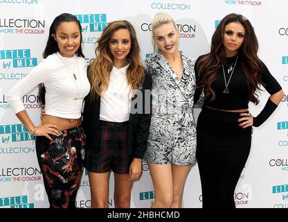 (G-D) Leigh-Ann Pinnock, Jade Thirrwall, Perrie Edwards et Jesy Nelson de Little Mix lancent leur collection de maquillage à l'hôtel Mayfair dans le centre de Londres. Banque D'Images