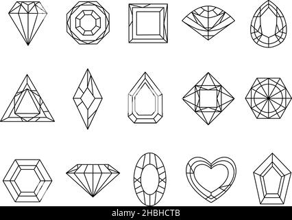 Pierres précieuses, diamants, cristal et pierres précieuses sont des icônes.Contour émeraude, carat, saphir et rubis.Ensemble vectoriel de logo Linear Luxury brillats Illustration de Vecteur