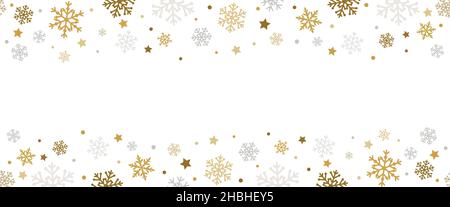 Banderole sans couture Golden Falling Snowflakes, étoiles et confetti.Bonne année ou Joyeux Noël fond avec l'or vectoriel et l'argent neige chute Illustration de Vecteur