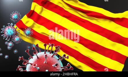 La Catalogne et la pandémie de covid - virus attaquant un drapeau de la ville de Catalogne comme un symbole d'un combat et de la lutte contre la pandémie de virus dans cette ville, 3D i Banque D'Images