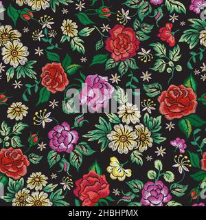 Motif fleuri brodé.Arrière-plan brodé, imprimé fleuri vintage.Imitation de couture en soie, roses, pivoine et Marguerite vector sans couture Illustration de Vecteur