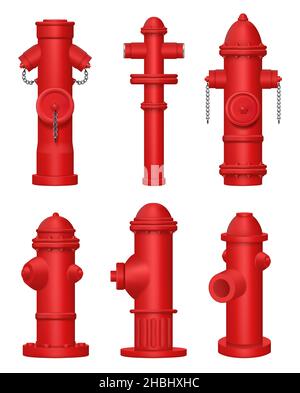 Borne incendie.Tuyaux rouges urbains pour aider le pompier combat avec des eaux de feu spécifique rue point de contrôle décent vecteur réaliste collection set Illustration de Vecteur