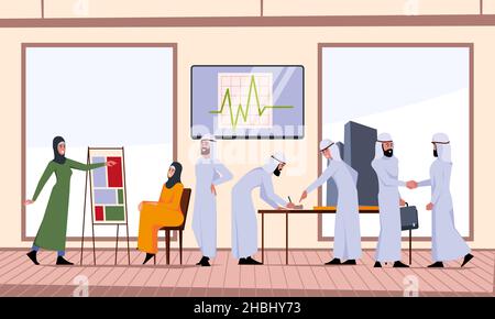 Réunion d'affaires en arabe.Les travailleurs saoudiens dans la salle de conférence qui parlent graphique numérique entreprise en pleine croissance les employés de bureau de l'entreprise garish vecteur fond plat Illustration de Vecteur