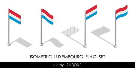 Drapeau isométrique du LUXEMBOURG en position statique et en mouvement sur le mât.vecteur 3d Illustration de Vecteur