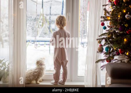 Adorable petit garçon en pyjama, debout devant de grandes fenêtres avec son chien, en profitant de la neige à l'extérieur Banque D'Images
