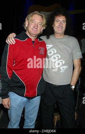 Joe Walsh et Brian May lors de la répétition en prévision de la représentation de demain à l'arène Wembley du concert « The Miller Strat Pack » Fender Stratoaster, aux studios Black Island d'Acton, Londres. Banque D'Images