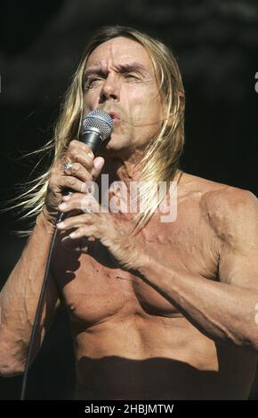 Iggy Pop se produit en direct sur scène le troisième et dernier jour du festival de lecture du week-end de Carling à Richfield Avenue le 28 août 2005 à Reading, en Angleterre. Banque D'Images